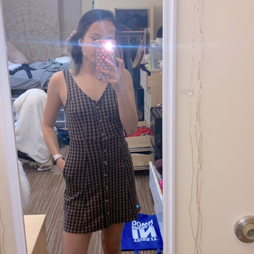button front gingham dress w POCKETS